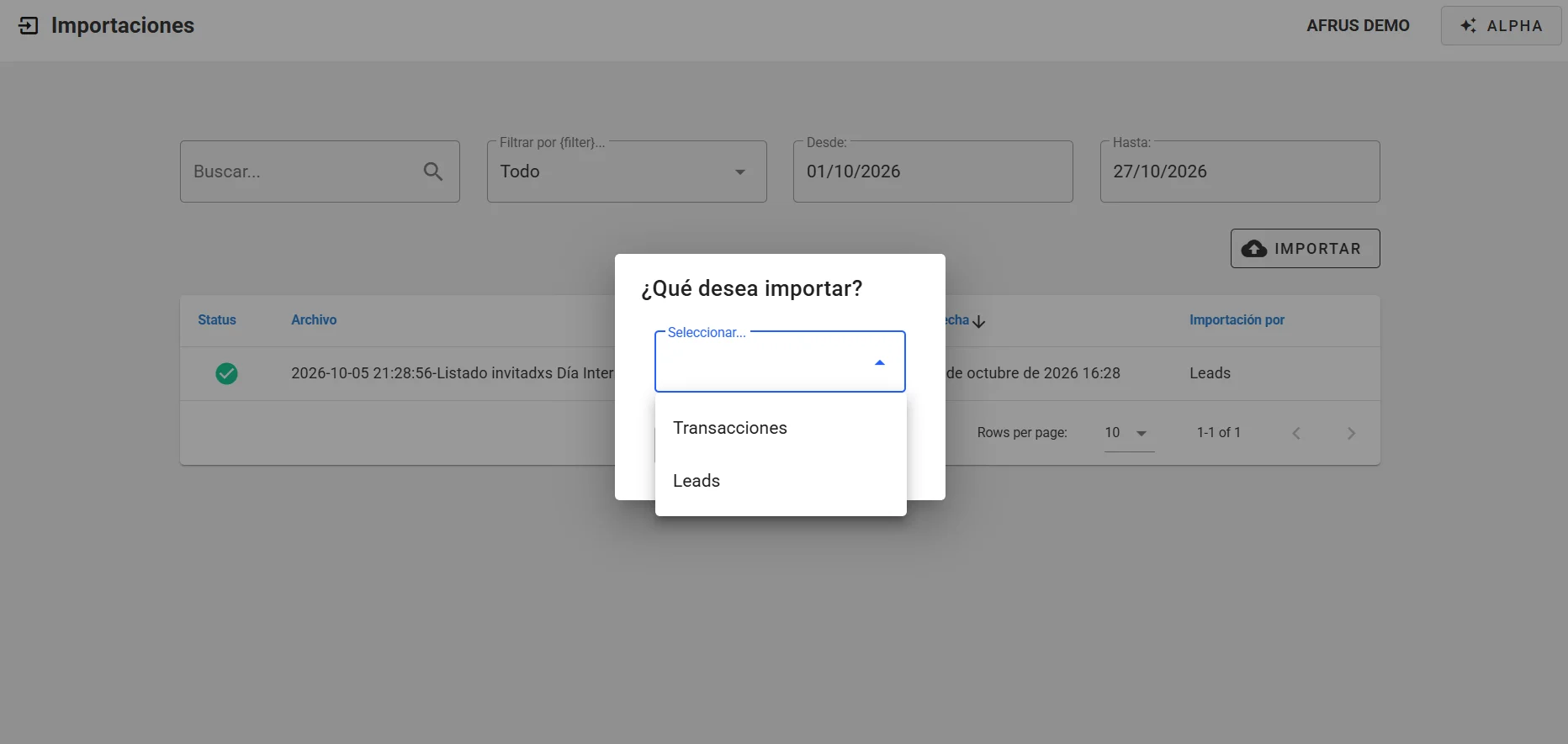 Pantalla ¿Qué desea importar? con las opciones Leads y Transacciones