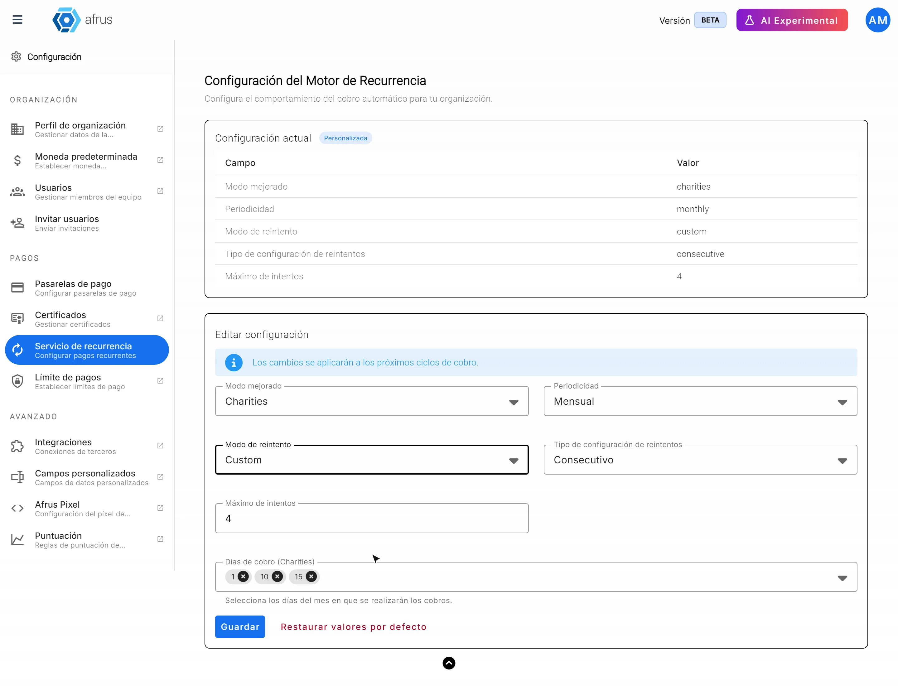 Modo de reintento Custom con Tipo de configuración de reintentos y Máximo de intentos