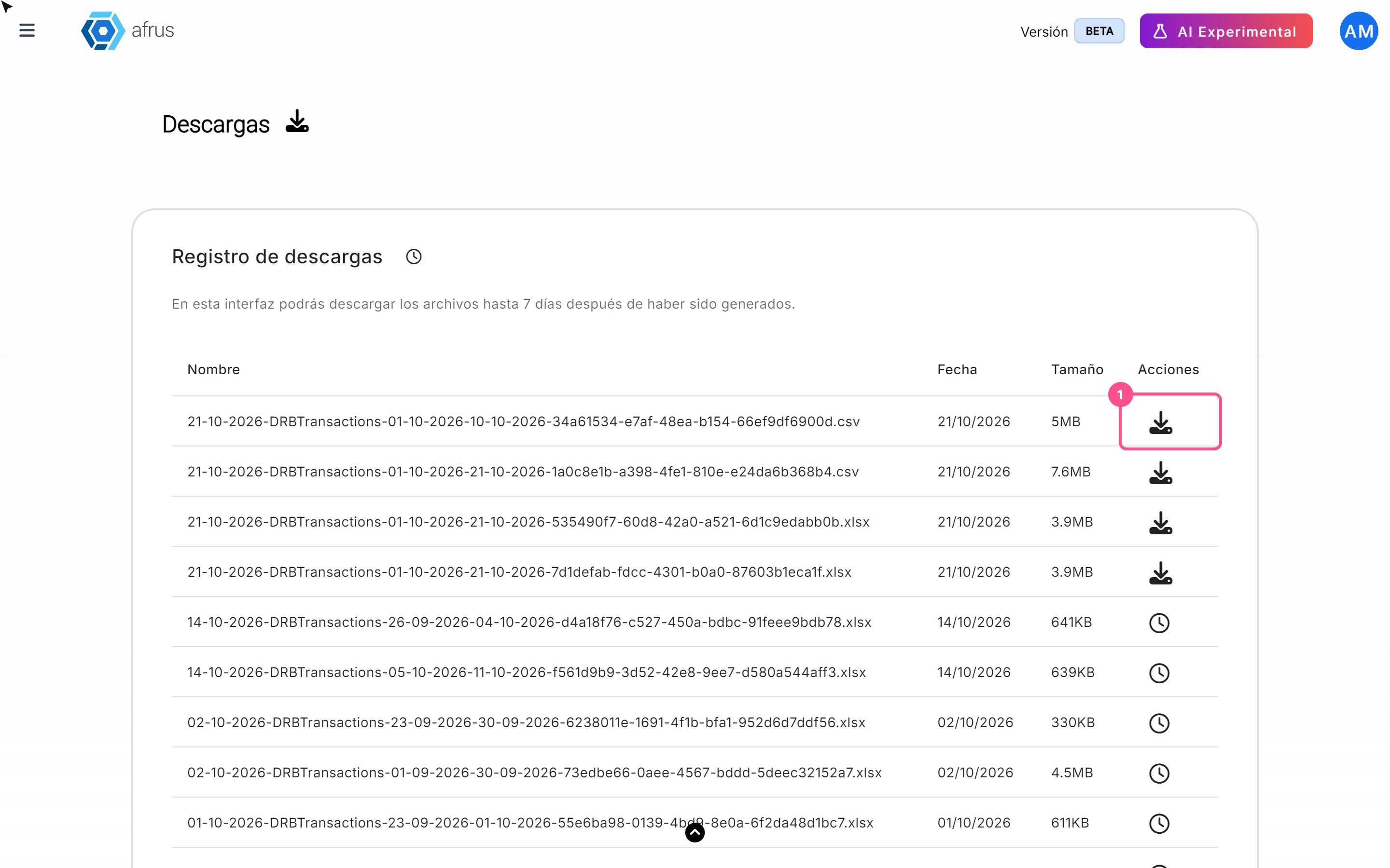 List row with the download button in the Acciones column