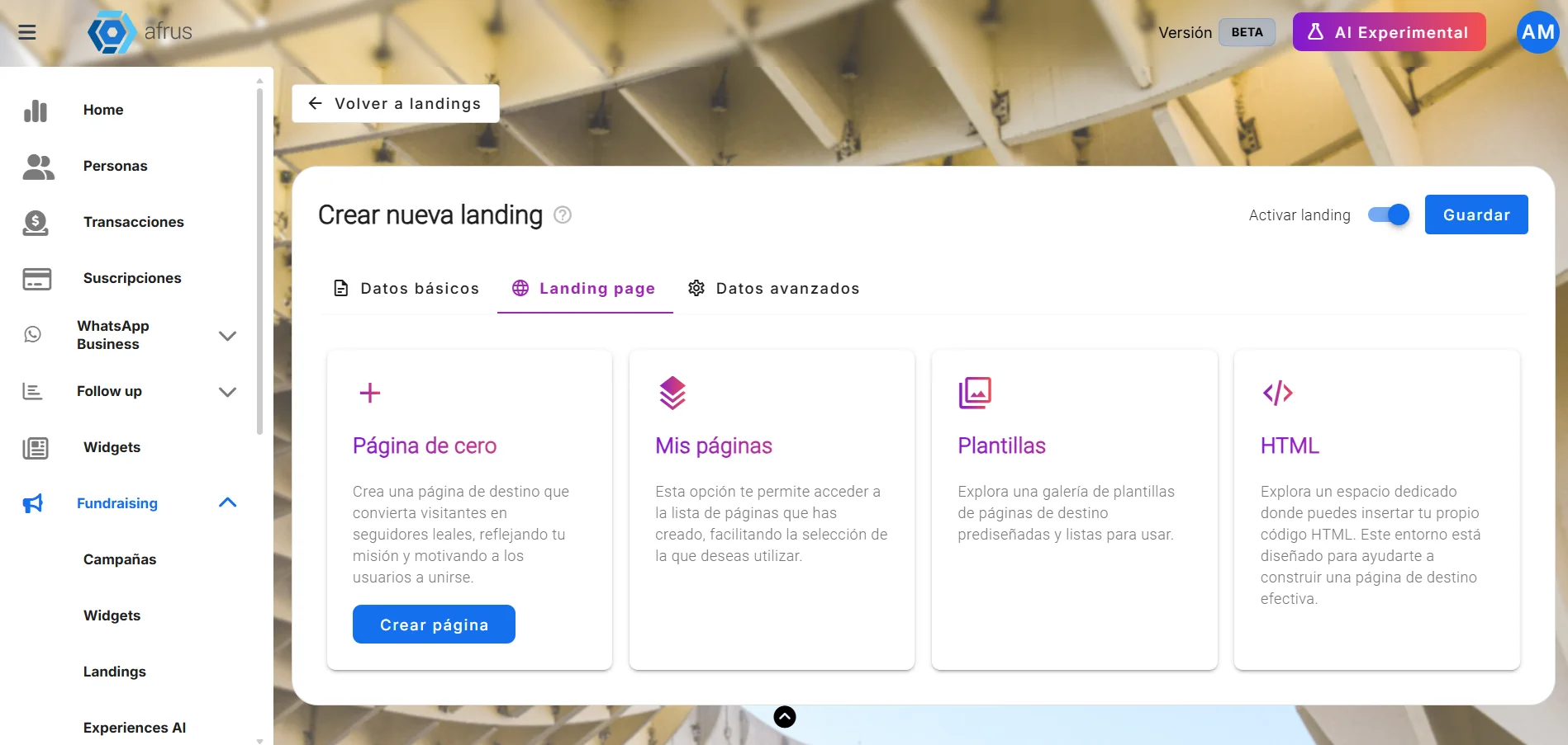 Landing page tab with the four cards