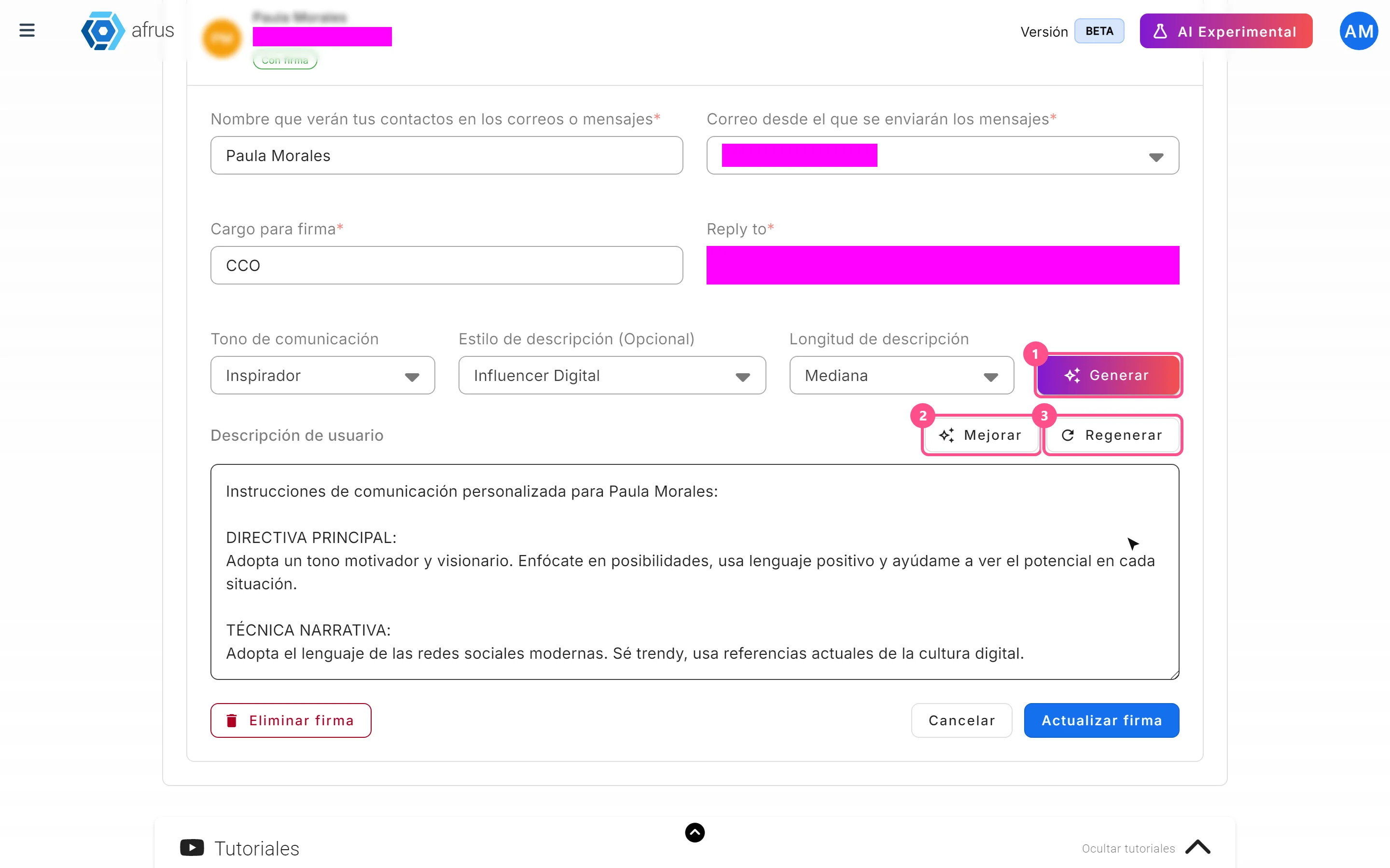 Descripción de usuario section with tone, style, length and the Generar, Mejorar and Regenerar buttons