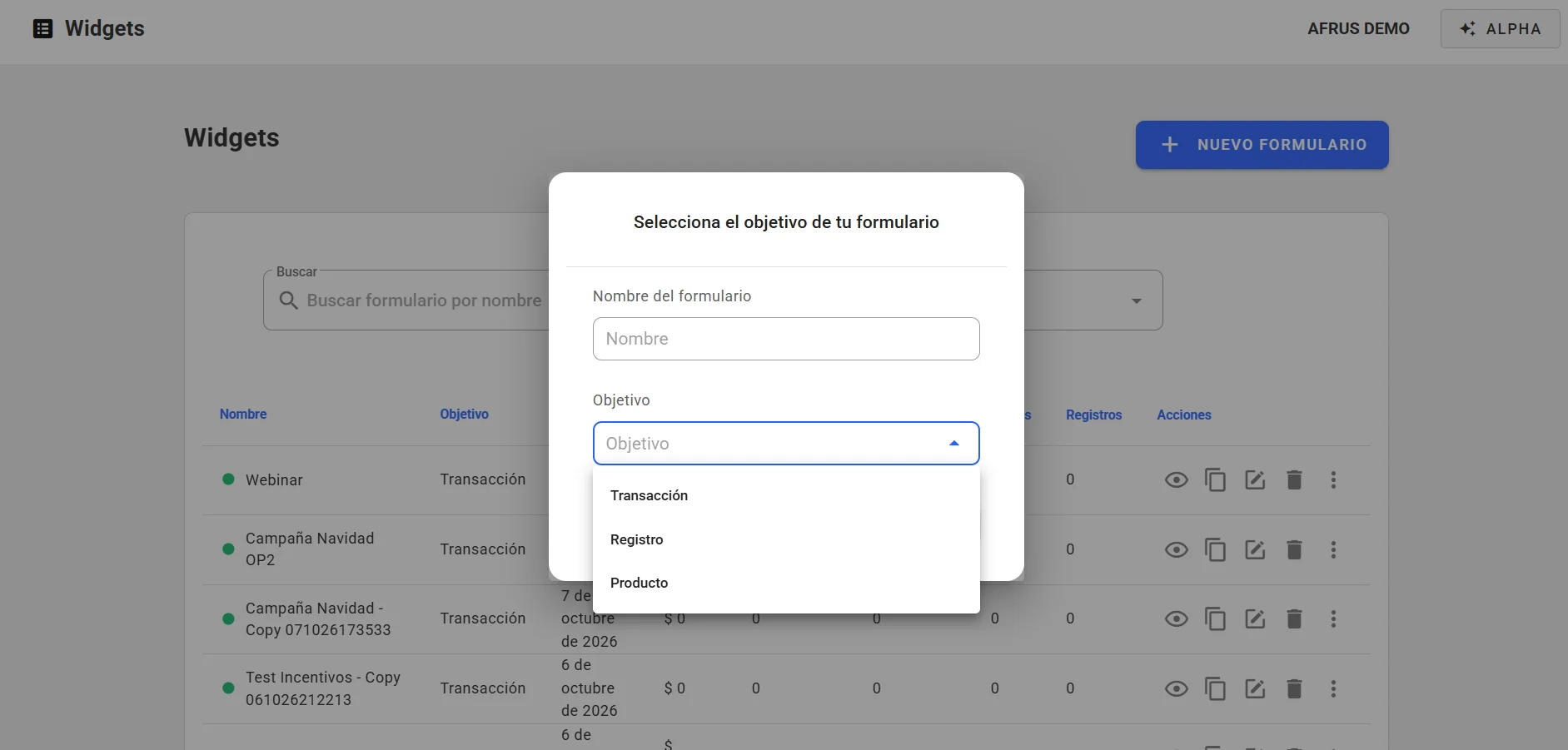 Selecciona el objetivo de tu formulario window