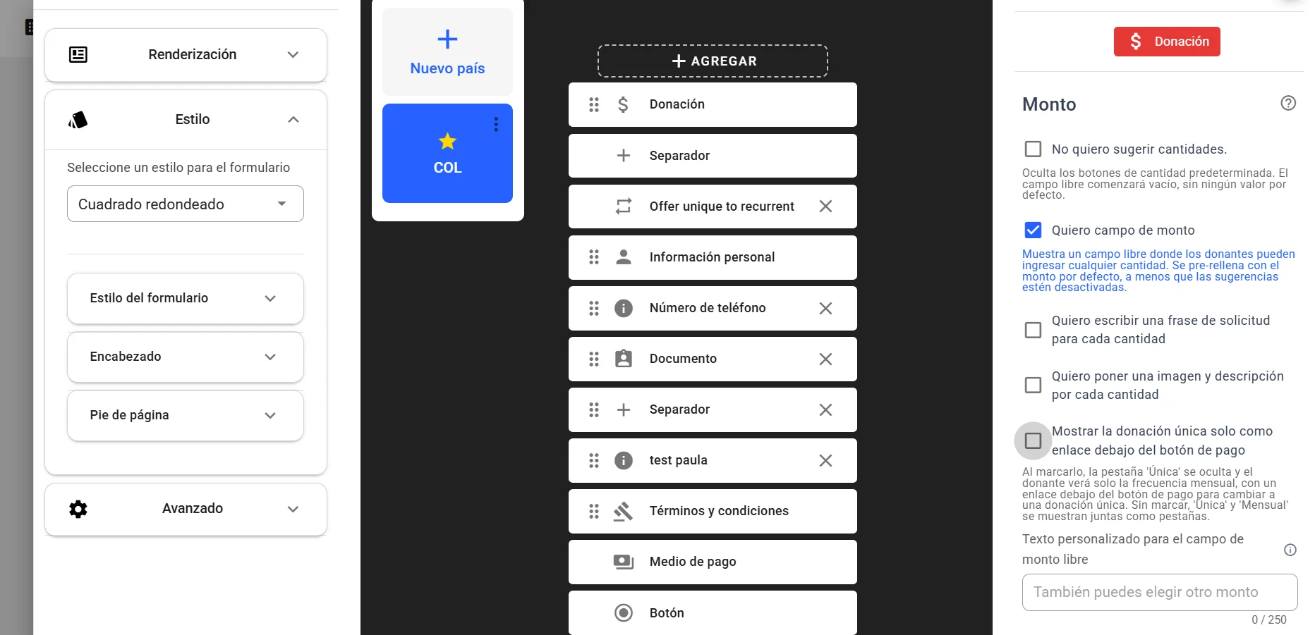 Checkbox in the Donación snippet