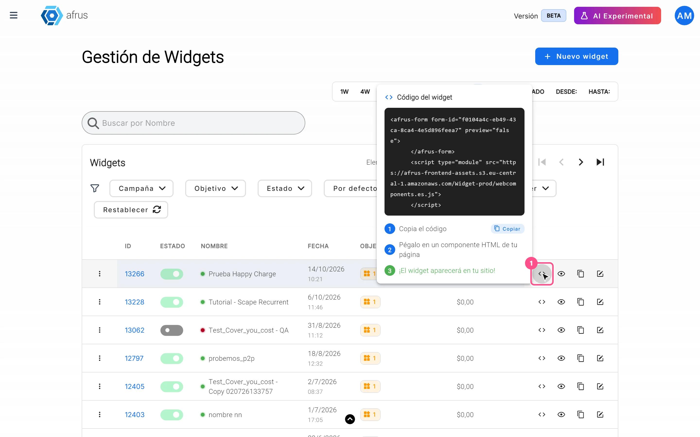 Código del widget window opened from the row code icon