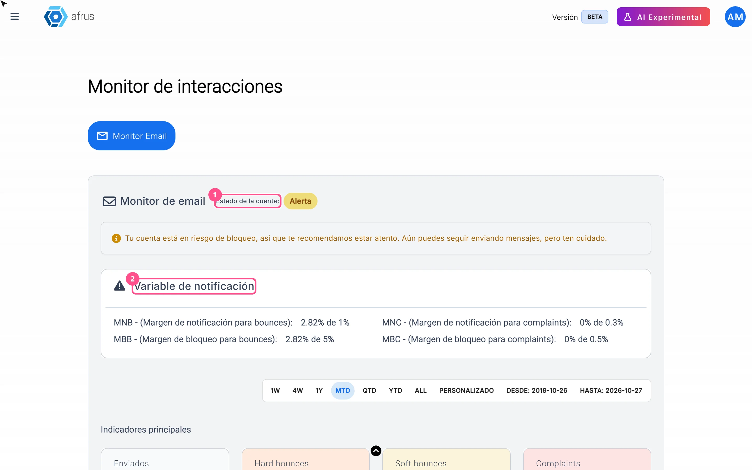 Monitor de email card with the Estado de la cuenta and the Variable de notificaciĂłn