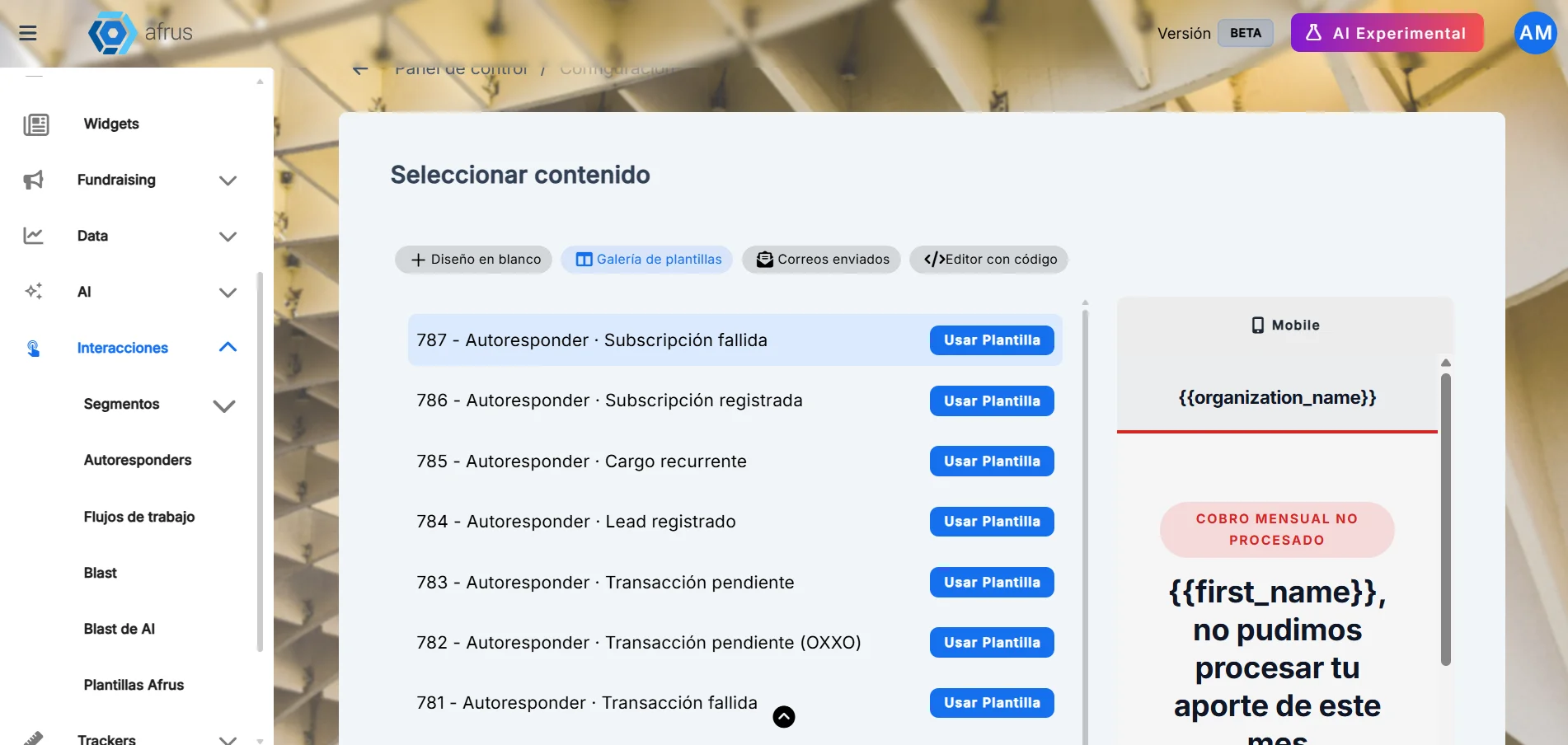 Seleccionar contenido window with its four options