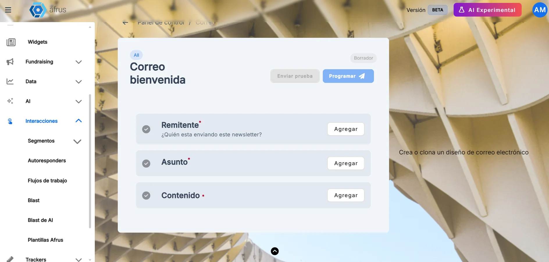 Email step with the Remitente, Asunto and Contenido blocks