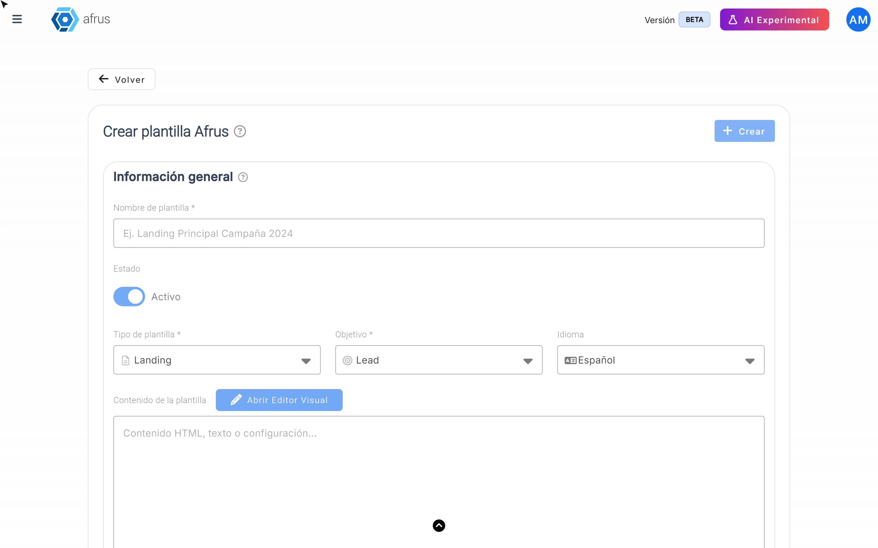 Crear plantilla AFRUS form with Información general: template name, status, type, goal and language