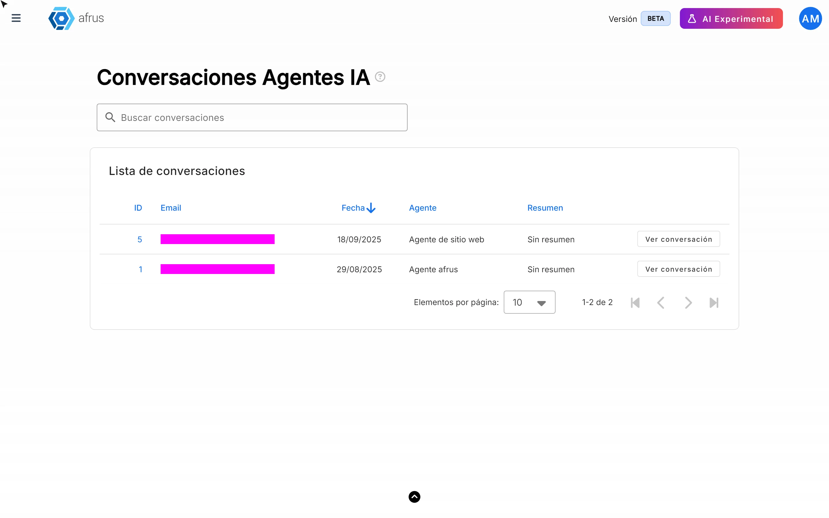 Conversations list with ID, Email, Fecha, Agente and Resumen