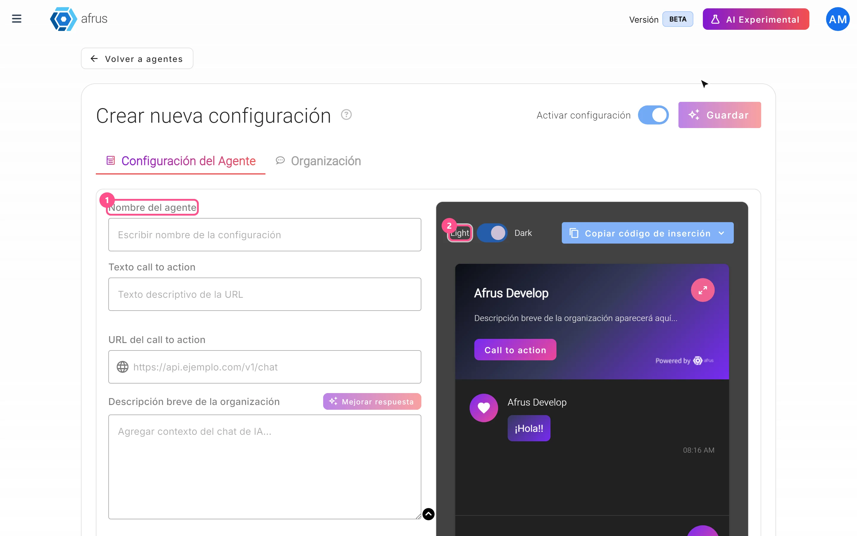 Configuración del Agente form with the preview on the right