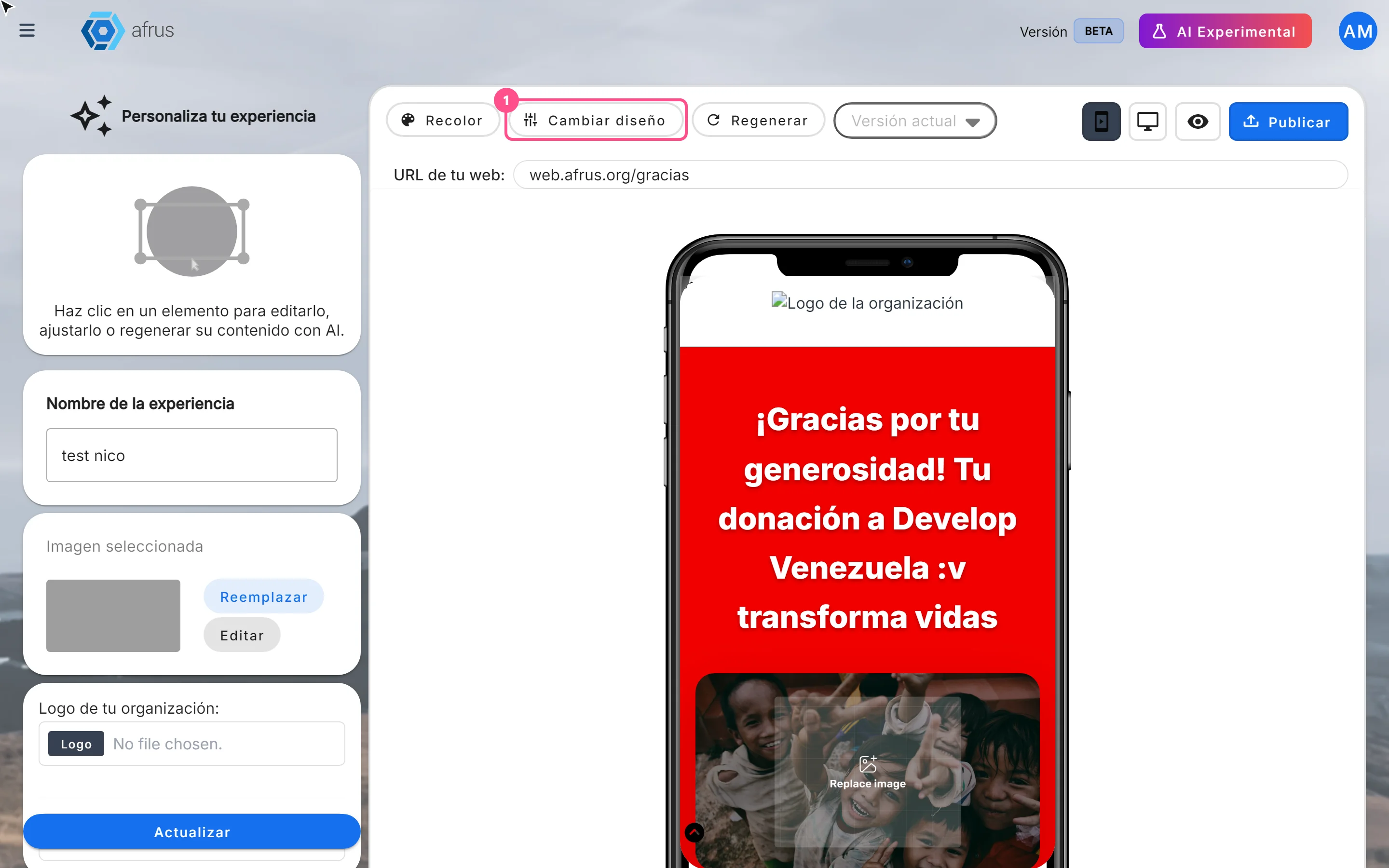 Editor top bar with the Cambiar diseño button