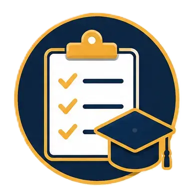 Saturday Academy enrollment checklist and graduation cap icon
