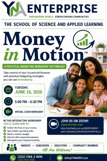 Money in Motion budgeting workshop flyer for families June 2026