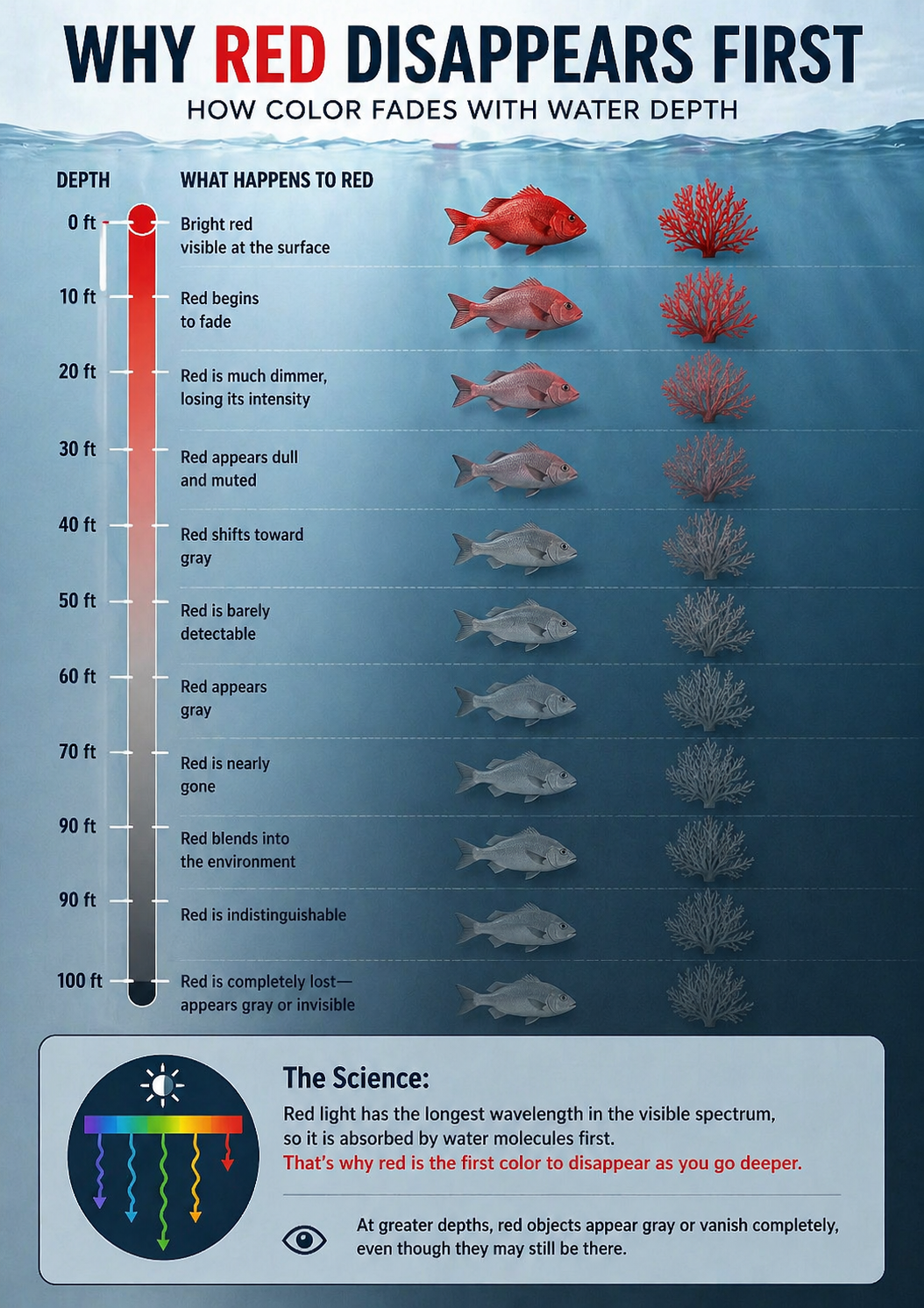 Why red disappears first underwater infographic