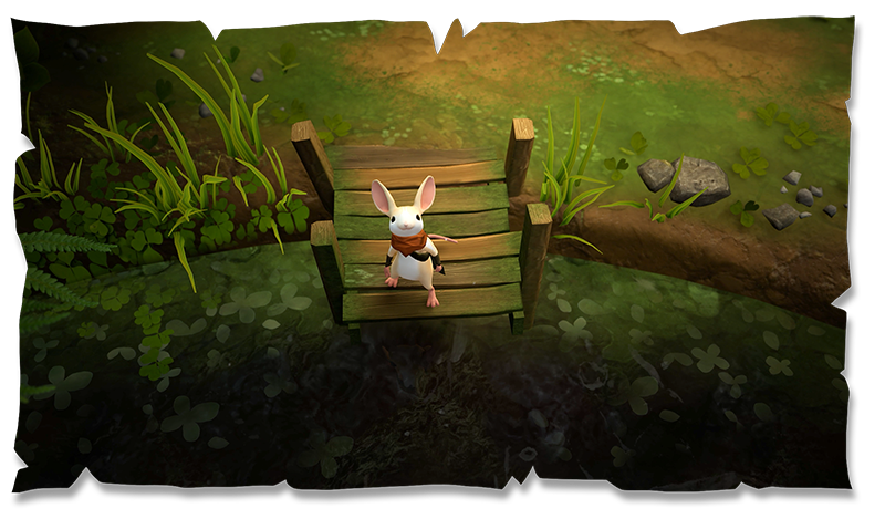 Quill looking up to you, the Reader, standing at a dock in Moss: The Forgotten Relic