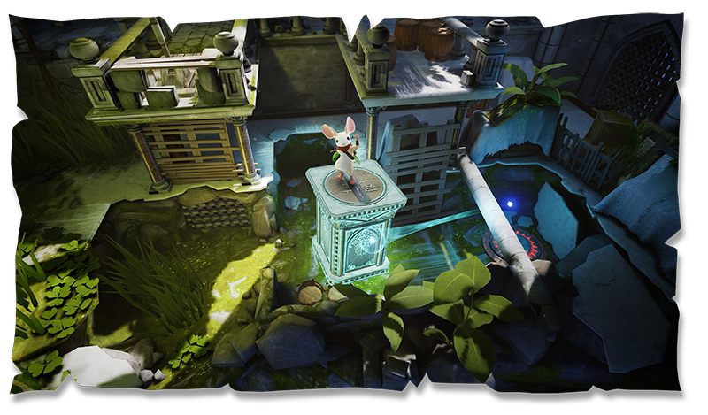 Quill standing on a pillar being moved by the player in Moss: The Forgotten Relic