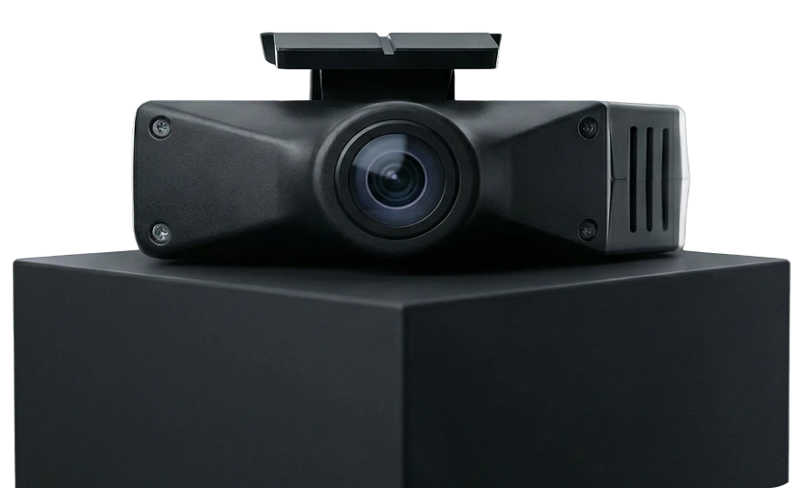 Front view of Epilog's compact AI vision camera with a wide-angle lens on a dark pedestal