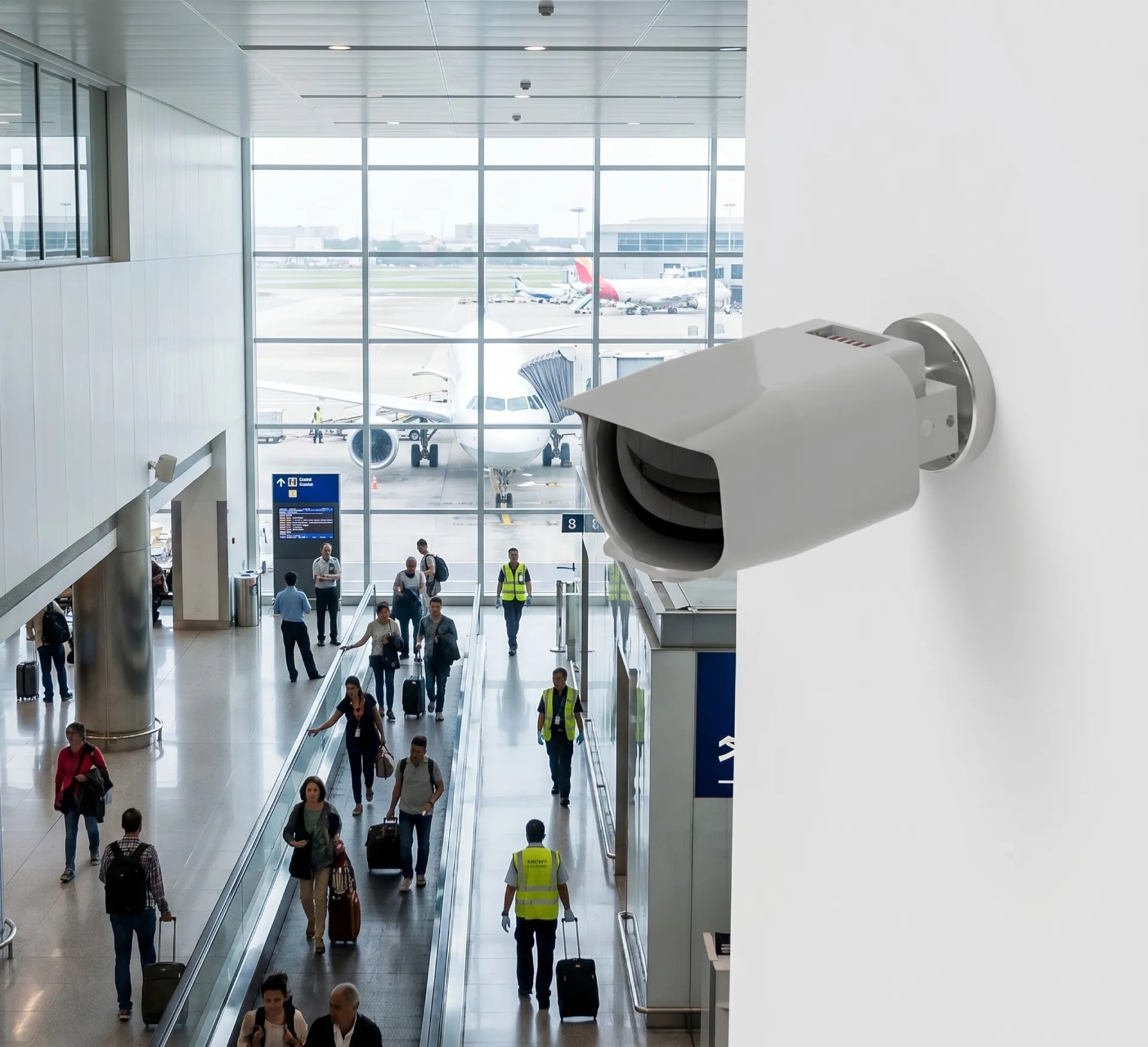 White AI security camera mounted above an airport walkway, watching travelers with planes beyond the glass