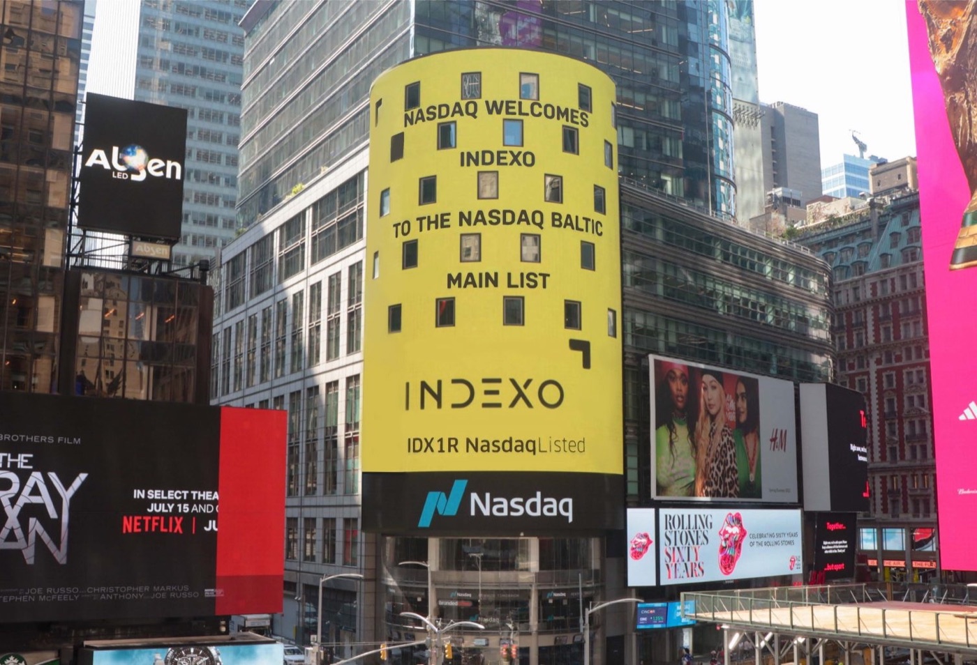 The INDEXO logo on the Nasdaq billboard in Times Square