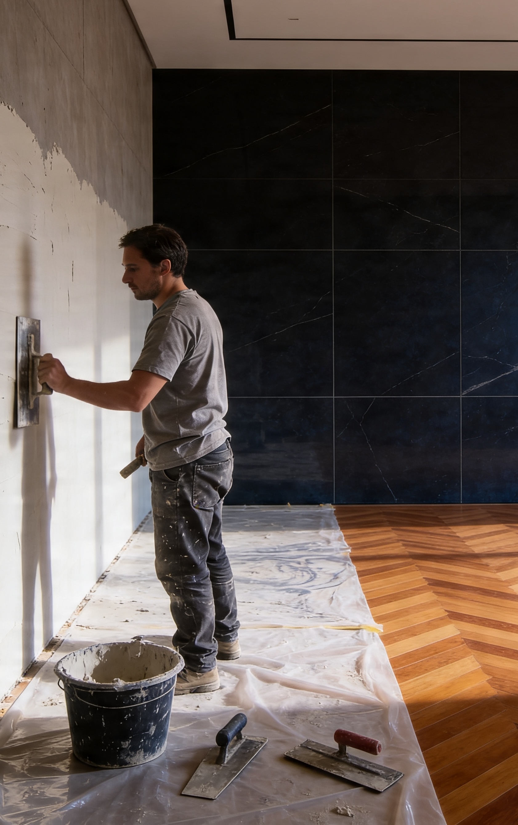 Ein Mann in Arbeitskleidung, der mit einer Kelle Putz an eine Wand aufträgt, in einem Raum mit Holzboden und schwarz gefliester Wand.