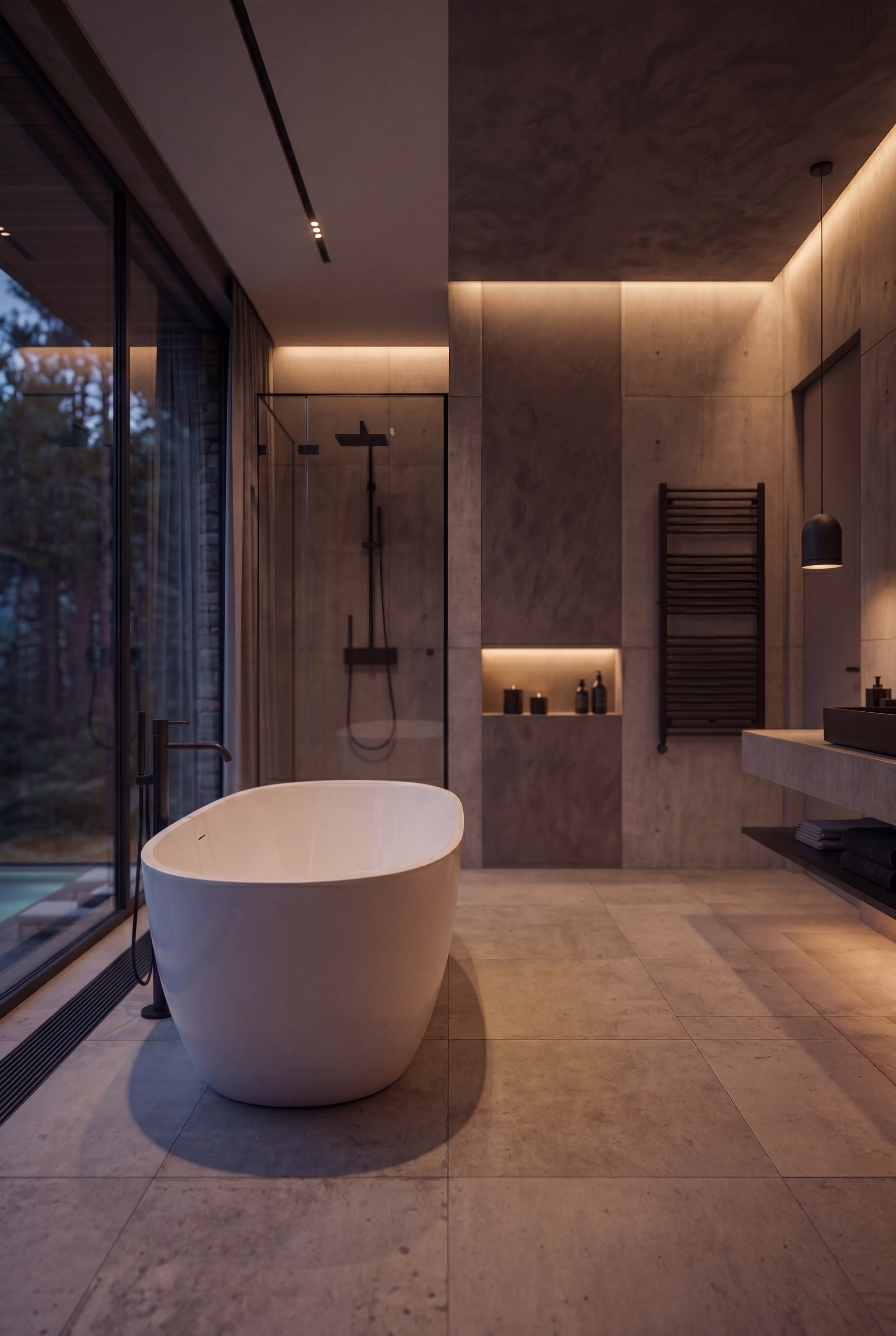 Ein minimalistisches Luxusbadezimmer mit einer freistehenden weißen Badewanne, einer verglasten Duschkabine und warmer Stimmungsbeleuchtung.