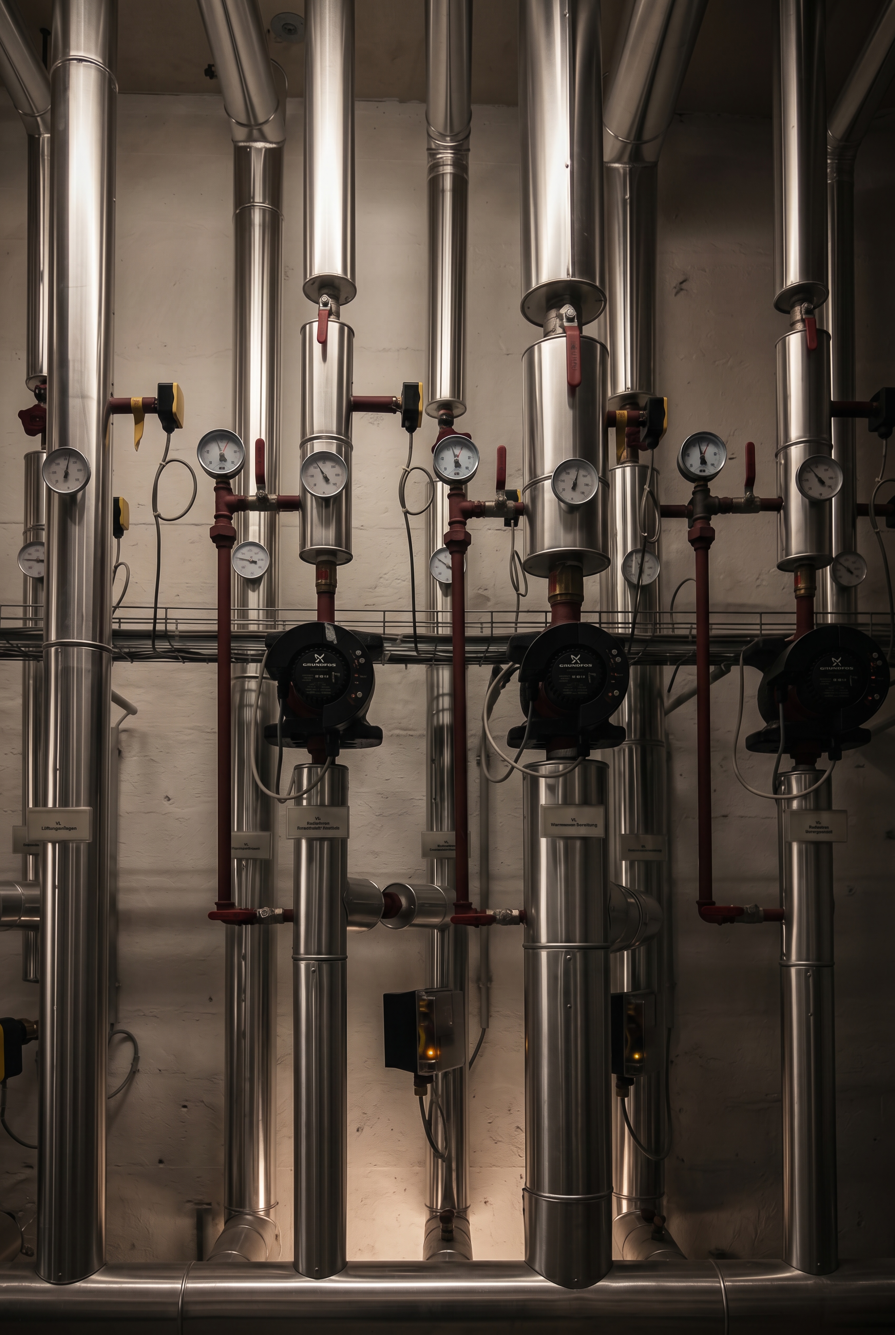 Industrielles Heizsystem mit vertikalen Edelstahlrohren, Manometern, Ventilen und schwarzen, runden Pumpeneinheiten, die an einer beigen Wand montiert sind.