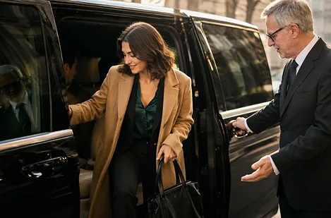Woman in beige coat exiting a black luxury car while a man in a suit holds the door open for her.
