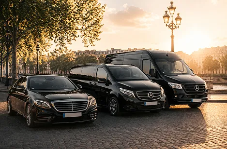 Three black Mercedes-Benz vehicles parked on a cobblestone street at sunset with trees and buildings in the background.