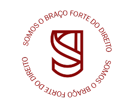 Logotipo AJS circular vermelho com o texto 'Somos o braço forte do direito' em volta de um símbolo estilizado central.