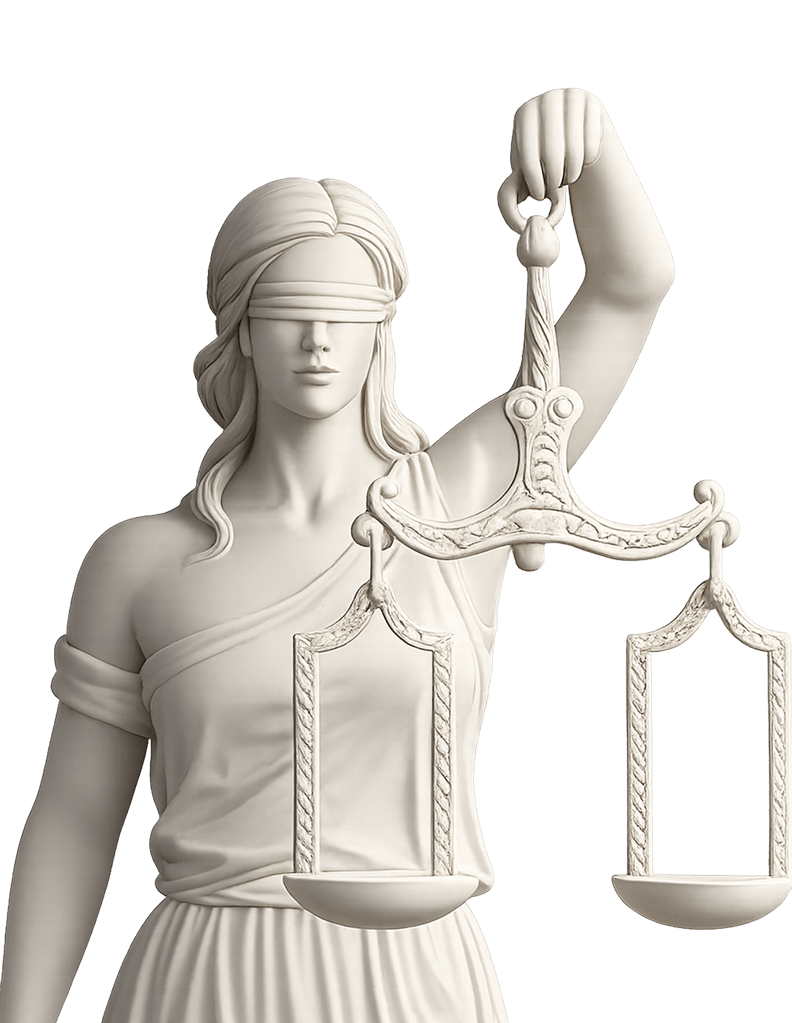 Estátua branca da Justiça, mulher vendada segurando balança vazia.
