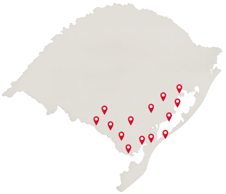 Mapa de estado do Rio grande do Sul com alfinetes vermelhos indicando várias localizações concentradas na região sudeste.
