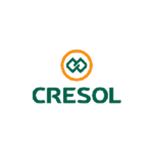Logo da Cresol com um símbolo circular laranja acima do nome em verde.