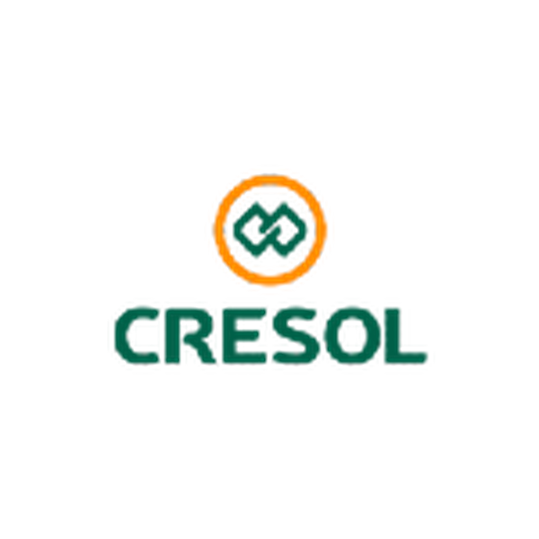 Logo da Cresol com um símbolo circular laranja acima do nome em verde.