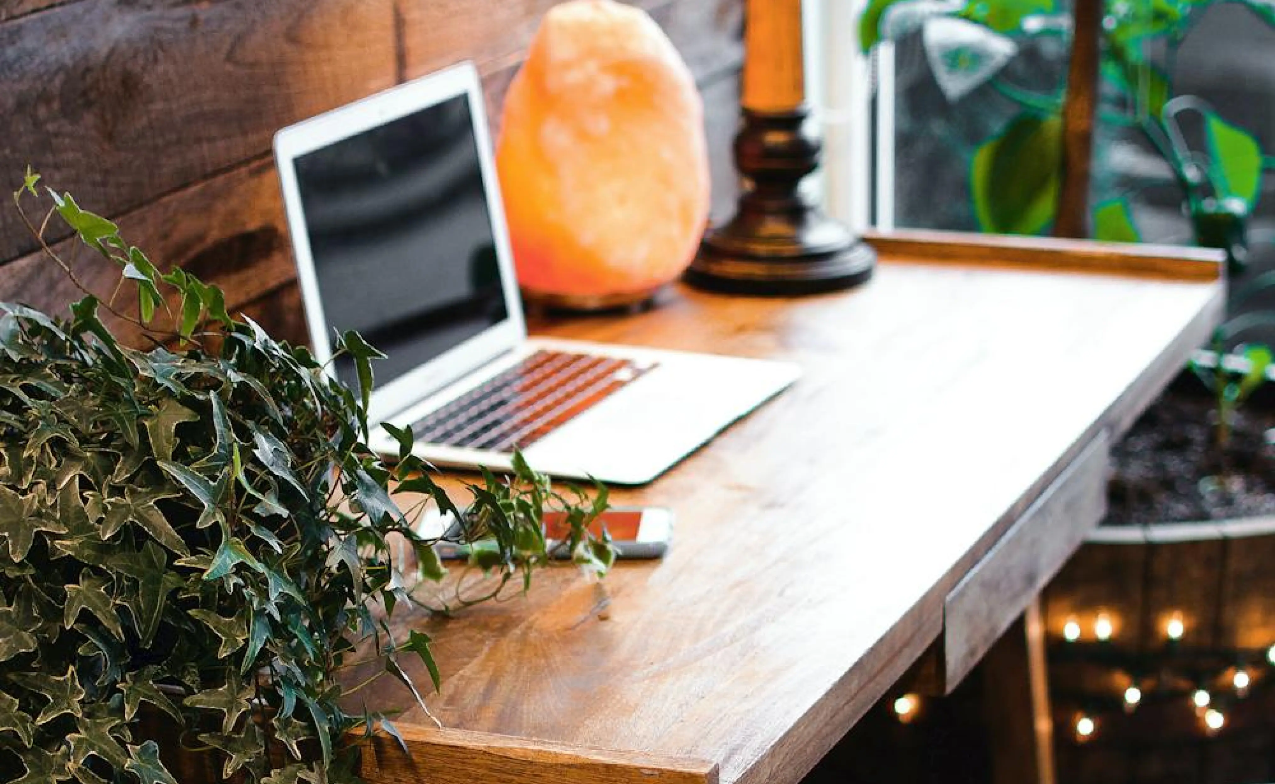A cozy home office setup featuring a wooden desk with a laptop, a smartphone, a Himalayan salt lamp, and a leafy green plant.