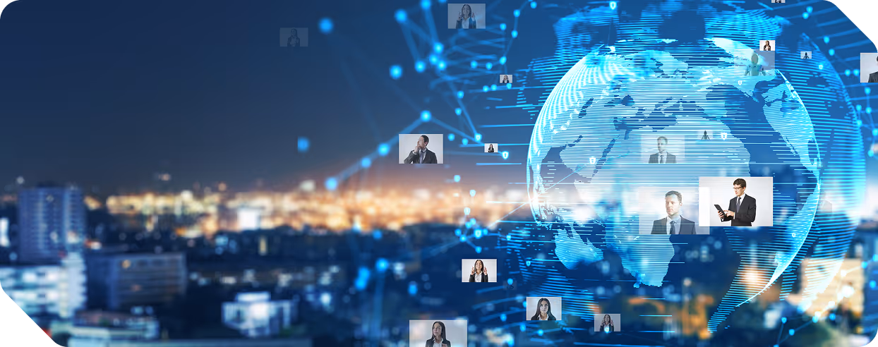 Digital globe with business people’s profile pictures floating over a blurred cityscape at night, illustrating global networking.