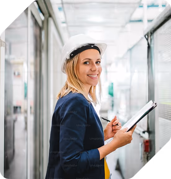 Smiling woman in a white hard hat holding a clipboard and pen inside an industrial facility.