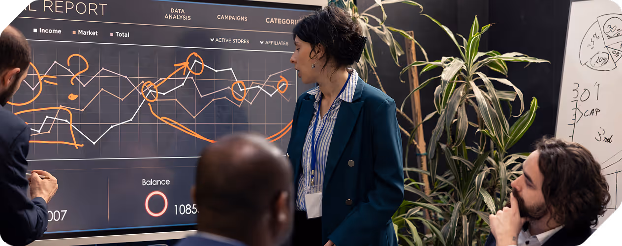 A team of three professionals discussing data analysis in front of a large screen showing graphs with income, market, and total trends, accompanied by orange annotations.