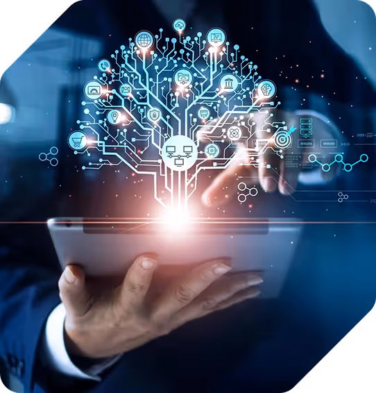 Person using a tablet with a glowing digital tree of interconnected technology icons representing data and network concepts.