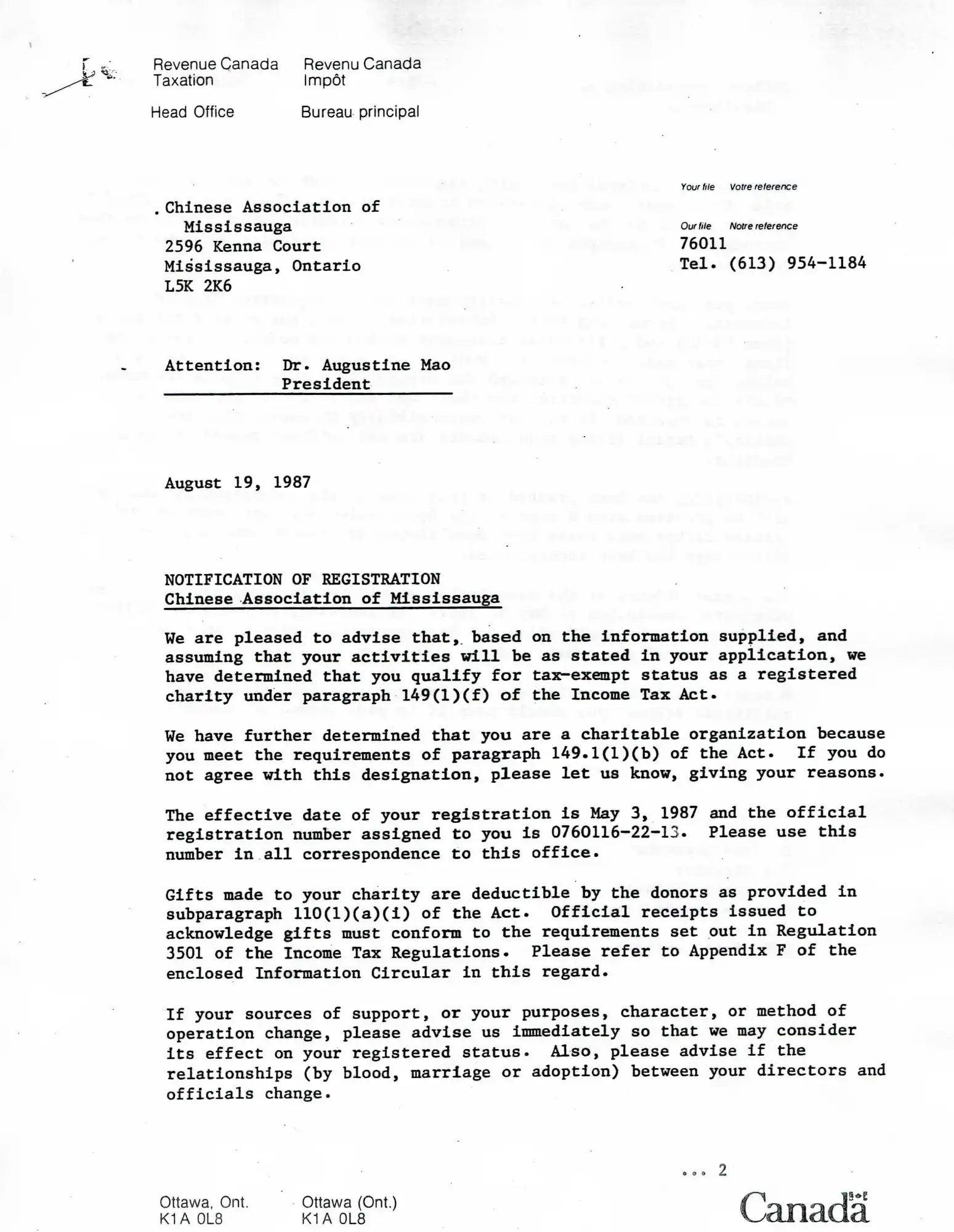 Letter from Revenue Canada confirming Chinese Association of Mississauga's tax-exempt charity registration dated 1987.