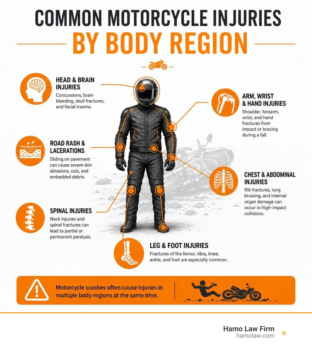 Infographic showing common motorcycle injuries by body region infographic Infographic showing common motorcycle injuries by body region infographic
