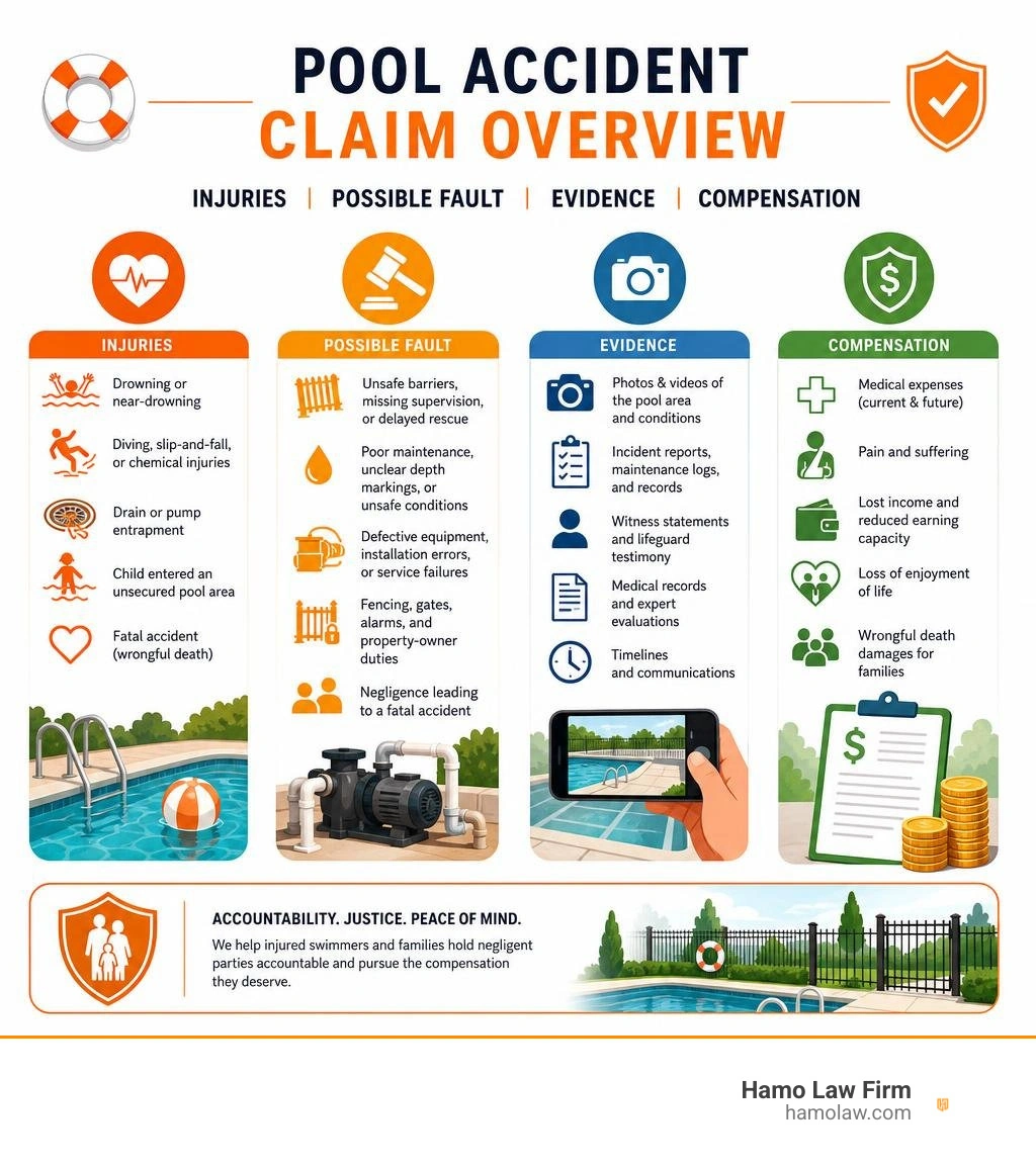 Pool accident claim overview: injuries, possible fault, evidence, and compensation infographic