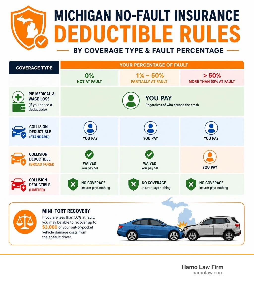 Michigan no-fault insurance deductible rules by coverage type and fault percentage infographic
