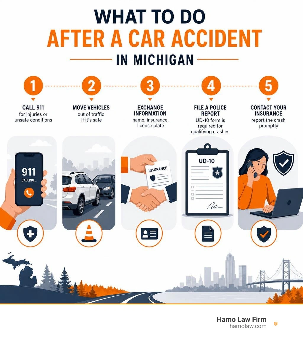 Infographic: Immediate steps after a car accident in Michigan including 911, UD-10 report, and insurance infographic