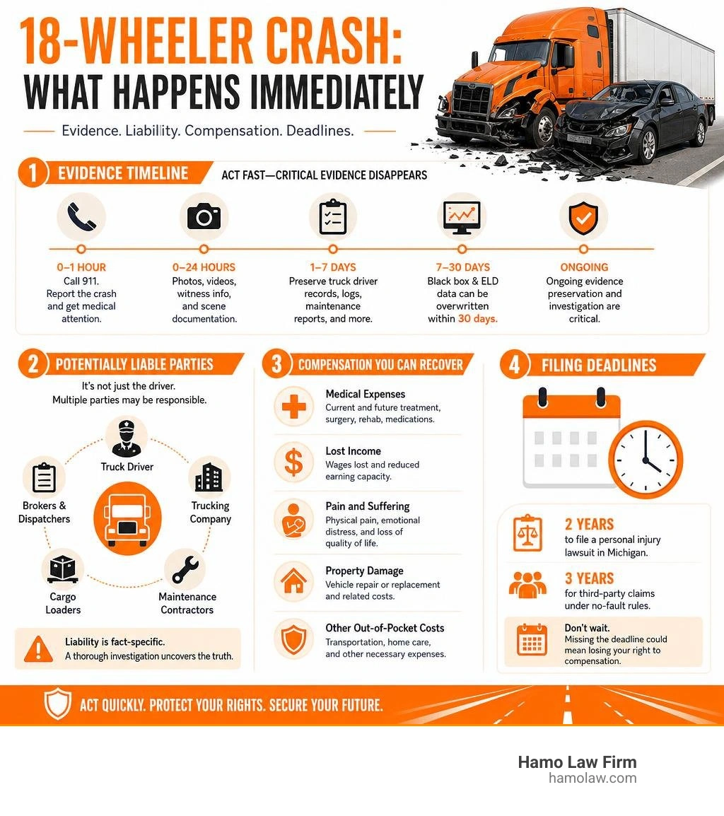 Infographic showing immediate aftermath of an 18-wheeler crash: evidence timeline, liable parties, compensation types, and Infographic showing immediate aftermath of an 18-wheeler crash: evidence timeline, liable parties, compensation types, and