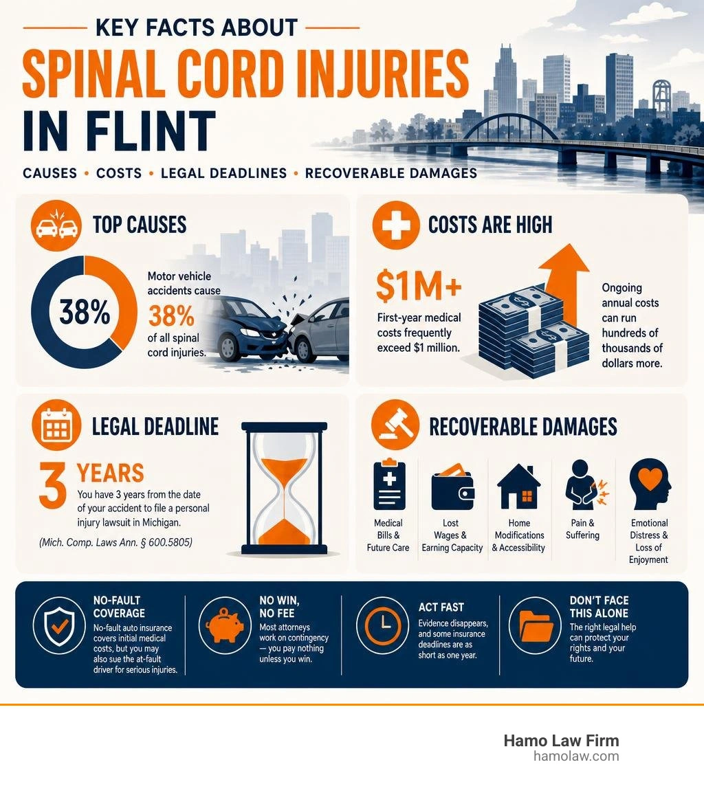Key facts about spinal cord injuries in Flint: causes, costs, legal deadlines, and recoverable damages infographic Key facts about spinal cord injuries in Flint: causes, costs, legal deadlines, and recoverable damages infographic