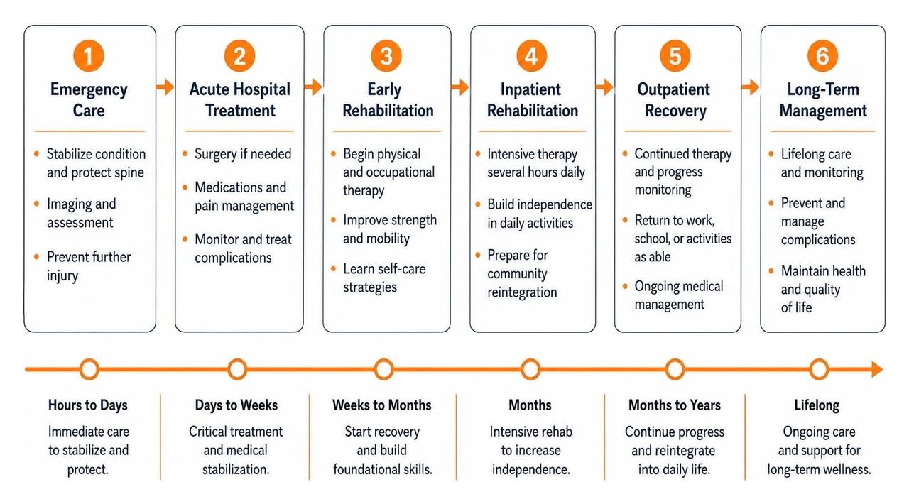 Timeline of medical treatment and recovery following a traumatic spinal cord injury Timeline of medical treatment and recovery following a traumatic spinal cord injury