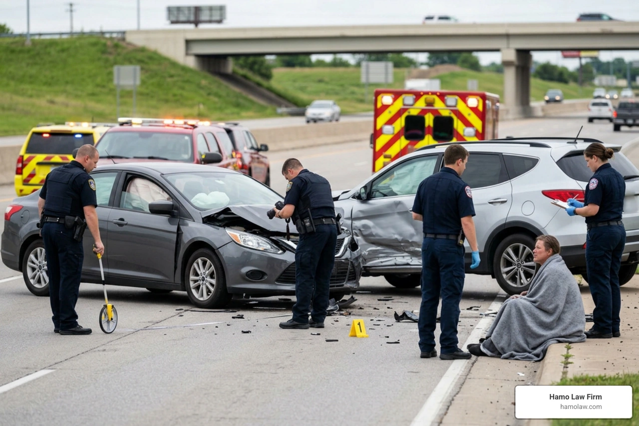 Car accident scene illustrating liability and evidence collection Car accident scene illustrating liability and evidence collection