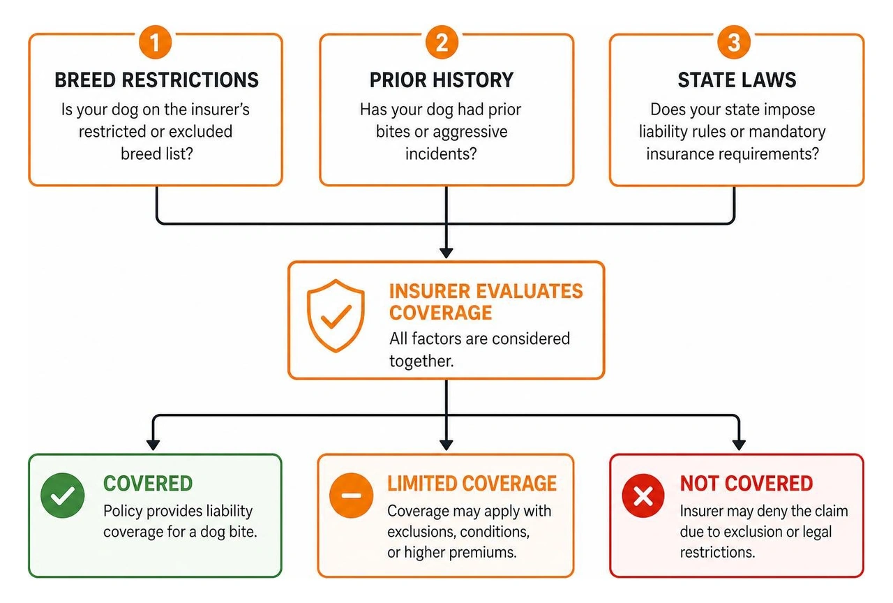 A conceptual diagram showing how breed restrictions, prior history, and state laws determine insurance coverage A conceptual diagram showing how breed restrictions, prior history, and state laws determine insurance coverage