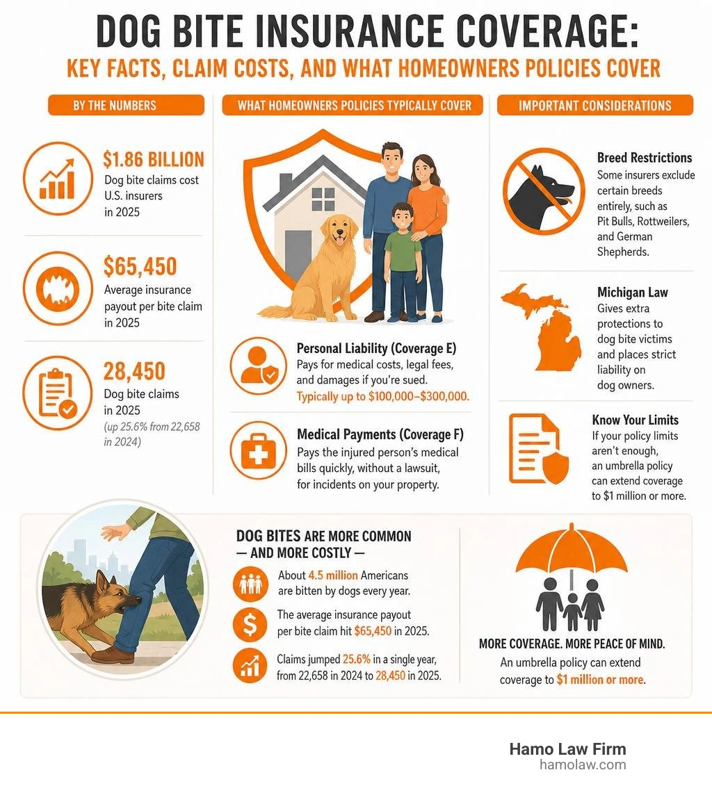 Dog bite insurance coverage: key facts, claim costs, and what homeowners policies cover infographic Dog bite insurance coverage: key facts, claim costs, and what homeowners policies cover infographic