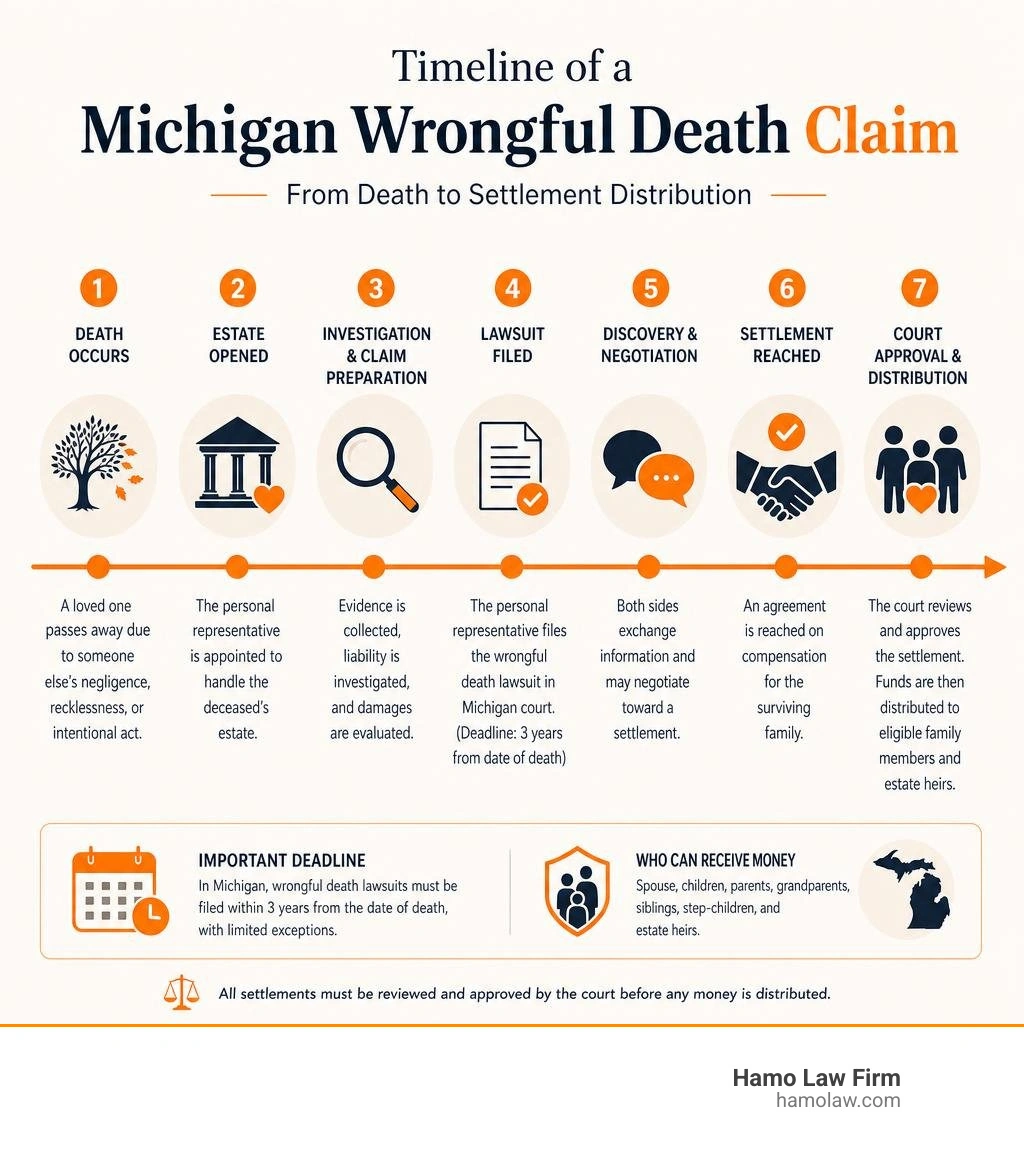 Timeline of a Michigan wrongful death claim from death to settlement distribution infographic